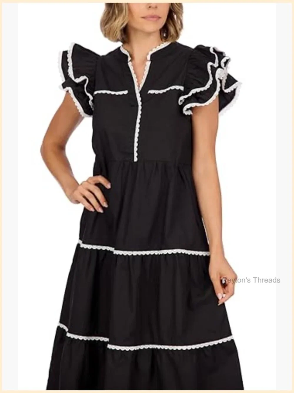 Cotton Poplin Midi Dress with Scalloped Trim - Picture 2 of 5